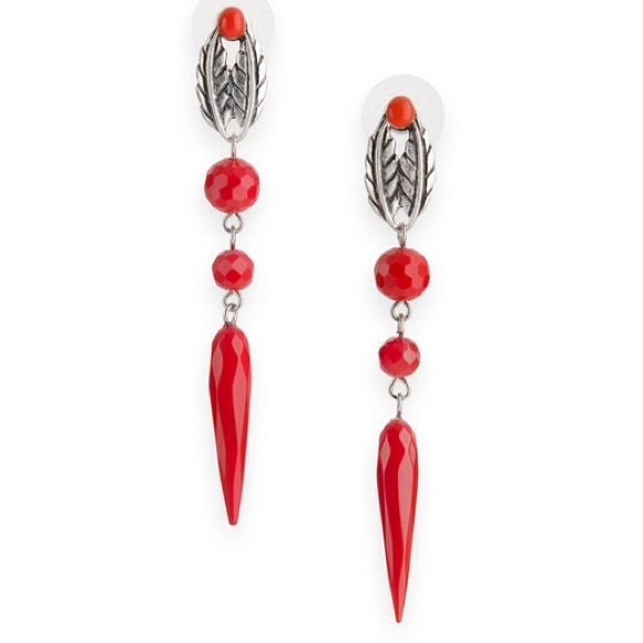 Jewelmint Red And Silver Long Post Earrings With Feather Silver Detail